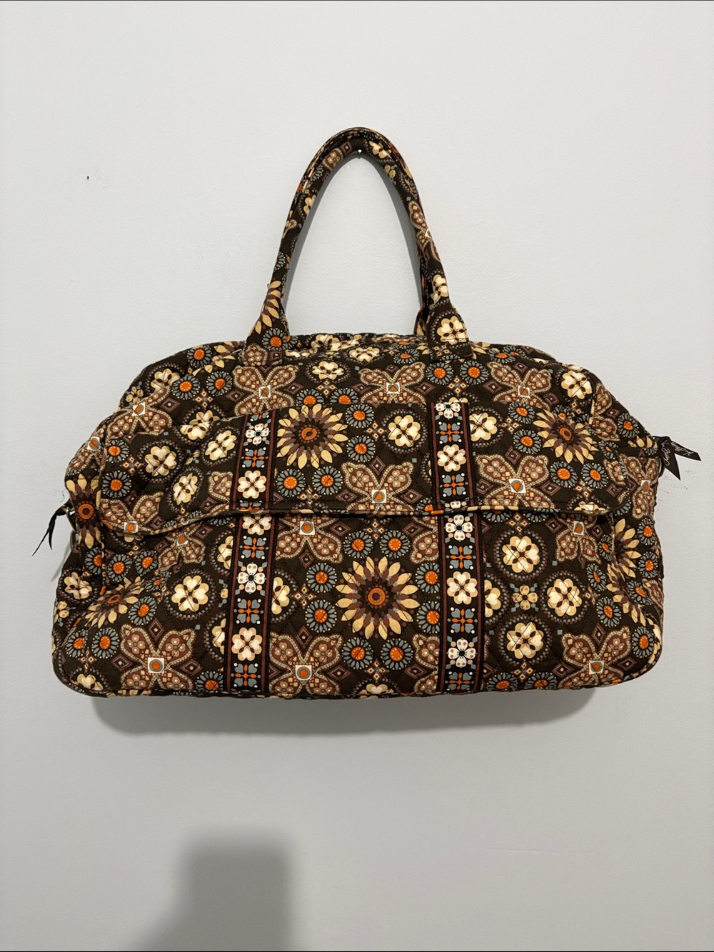 Vera Bradley Brown Floral Quilted Travel Bag with Orange and Cream Accents